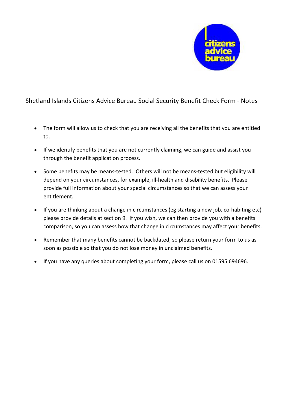 Shetland Islands Citizens Advice Bureau Social Security Benefit Check Form - Notes