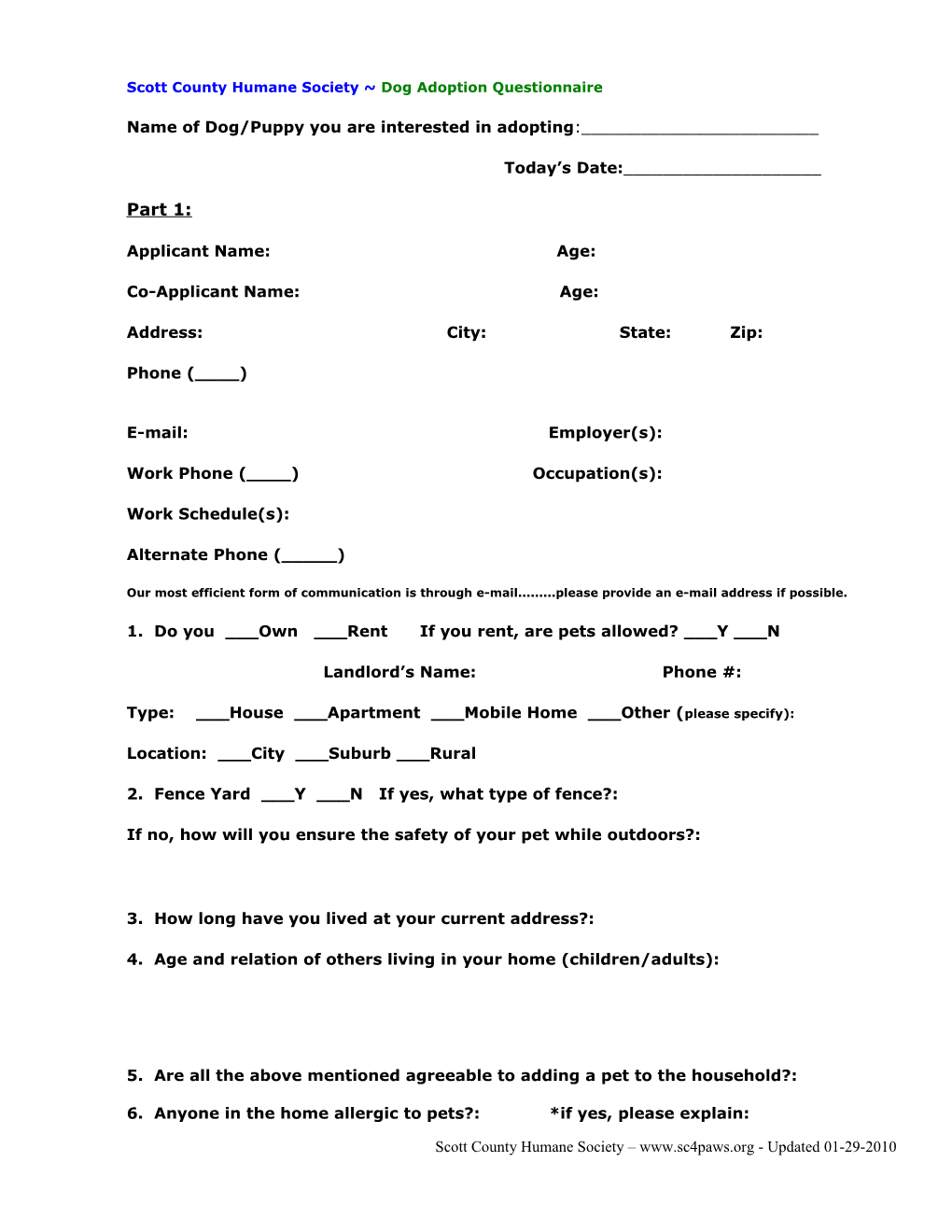 Scott County Humane Society Dog Adoption Questionnaire