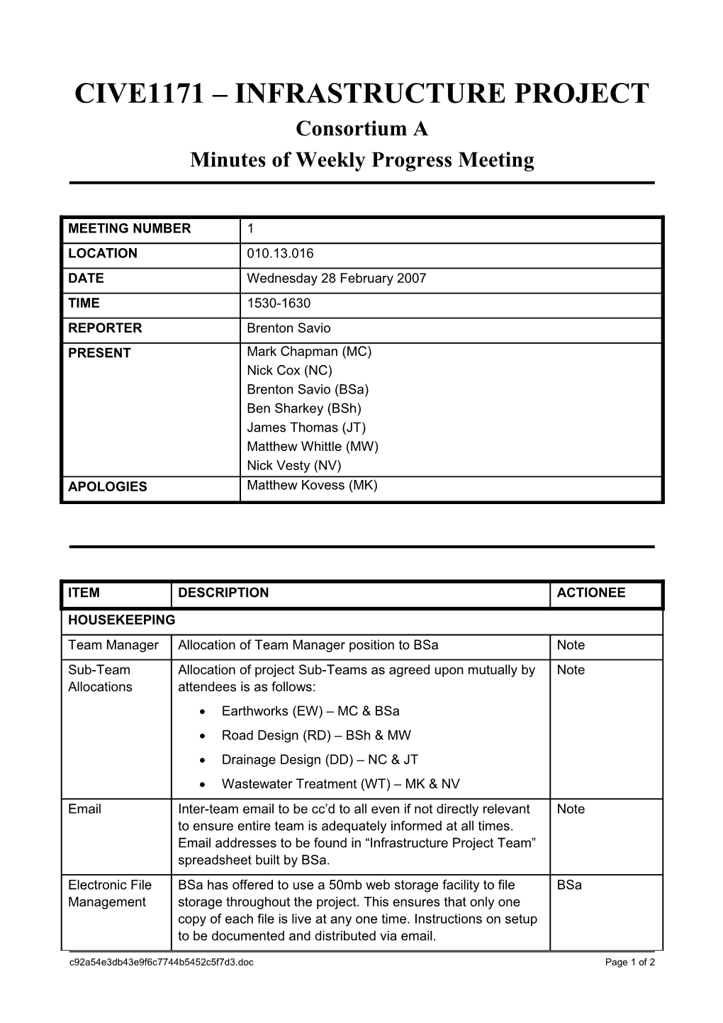 Minutes of Weekly Progress Meeting