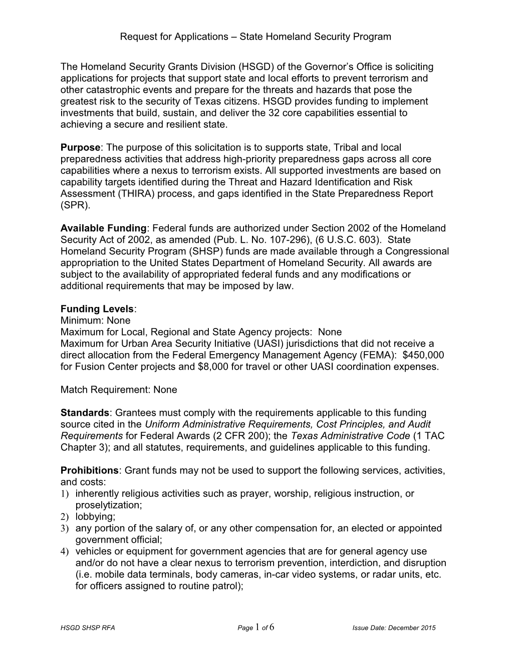 Request for Applications State Homeland Security Program