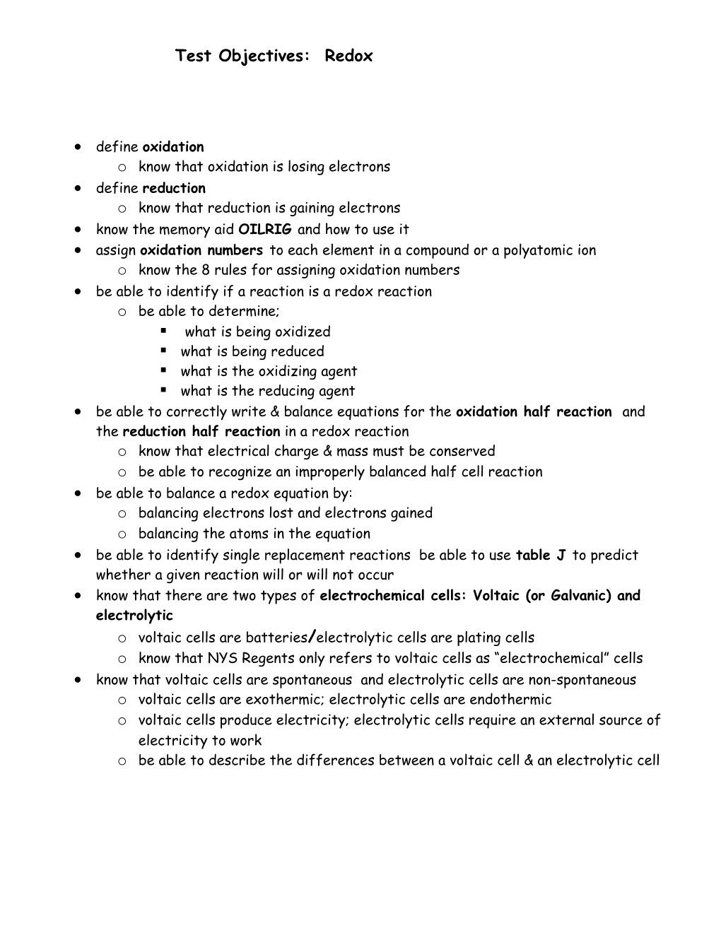 Test Objectives for Unit 13: Redox