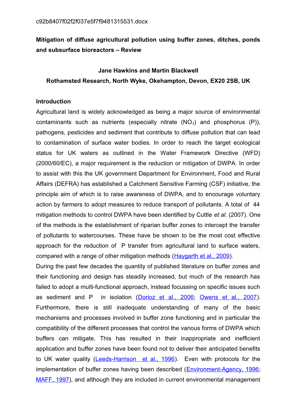 Mitigation of Diffuse Agricultural Pollution Using Buffer Zones, Ditches, Ponds and Subsurface