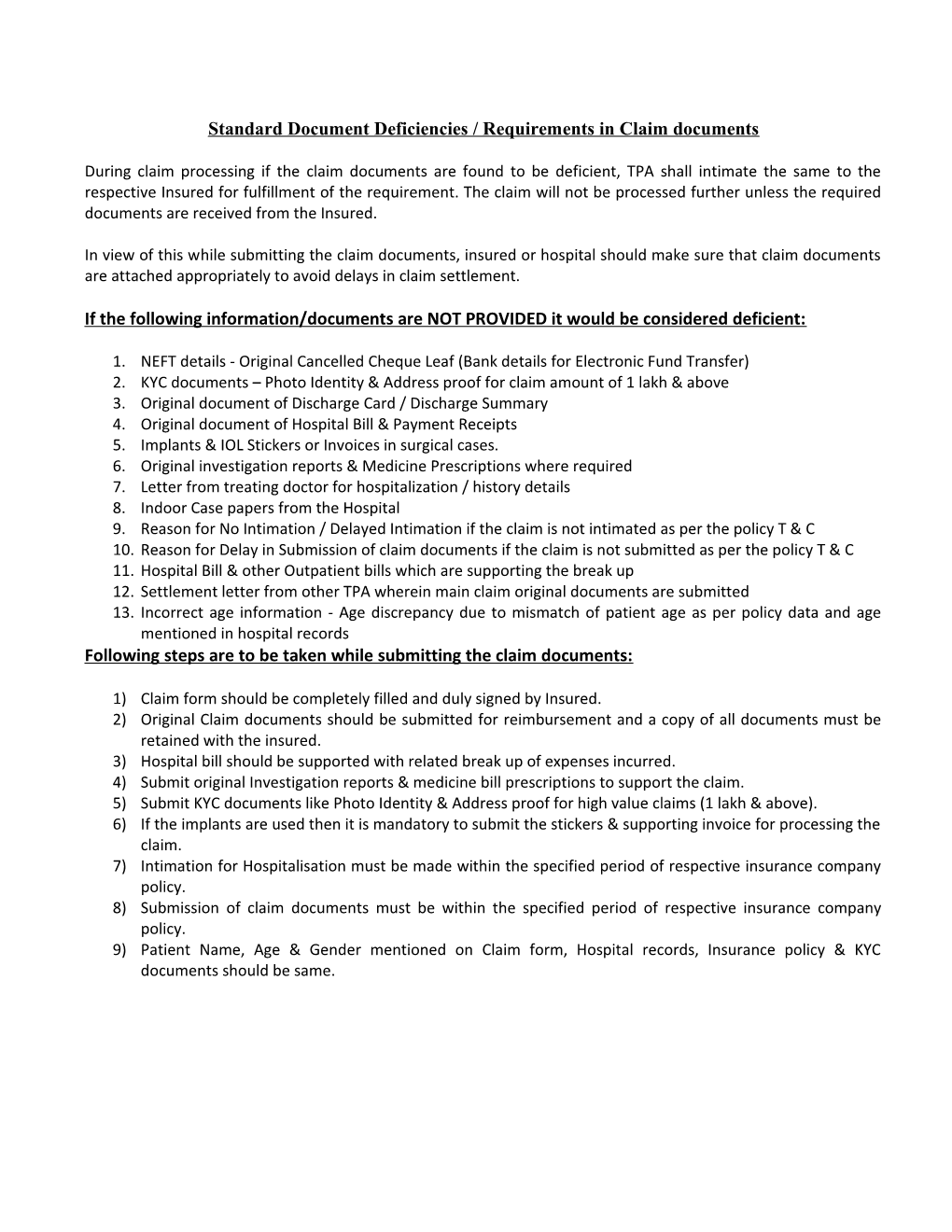 Standard Document Deficiencies / Requirements in Claim Documents