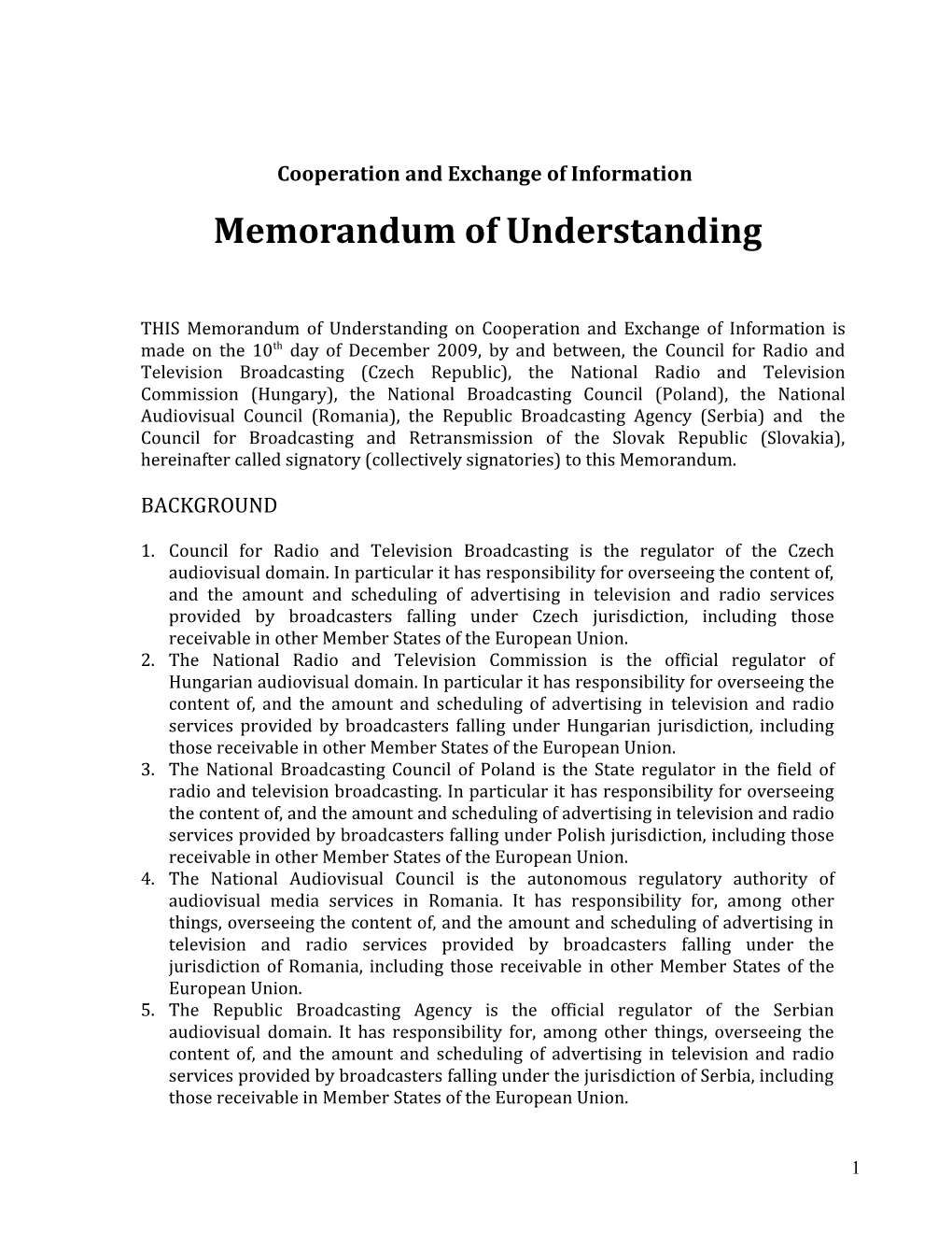 Cooperation and Exchange of Information - Memorandum of Understanding
