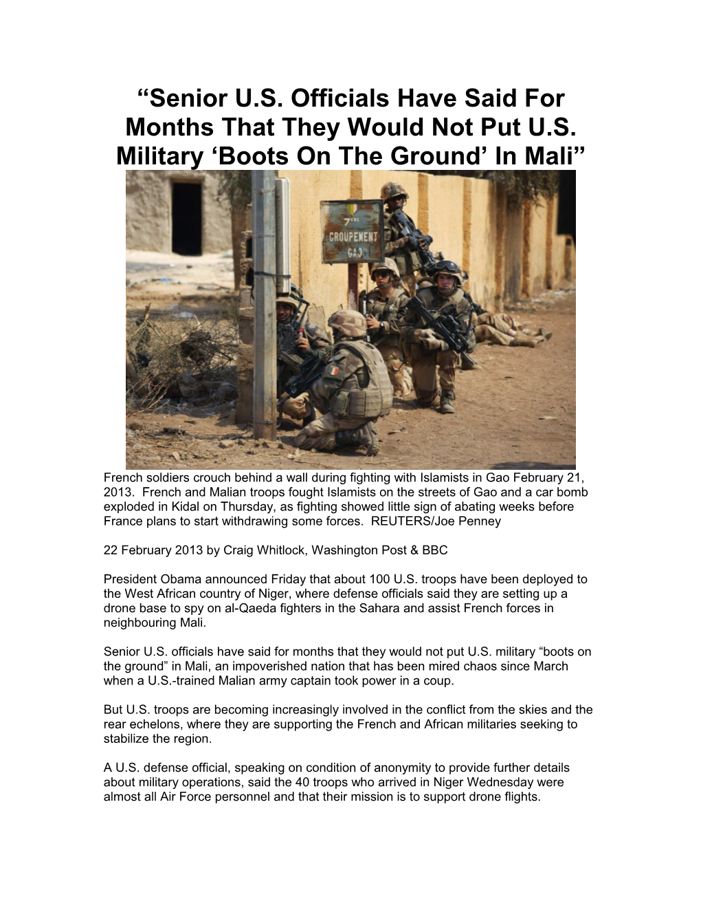 Obama Sends 100 U.S. Troops to Back French War on Mali