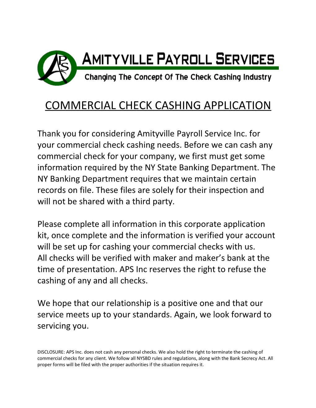 Commercial Check Cashing Application