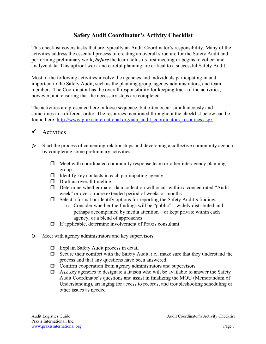 Safety Audit Coordinator S Activity Checklist