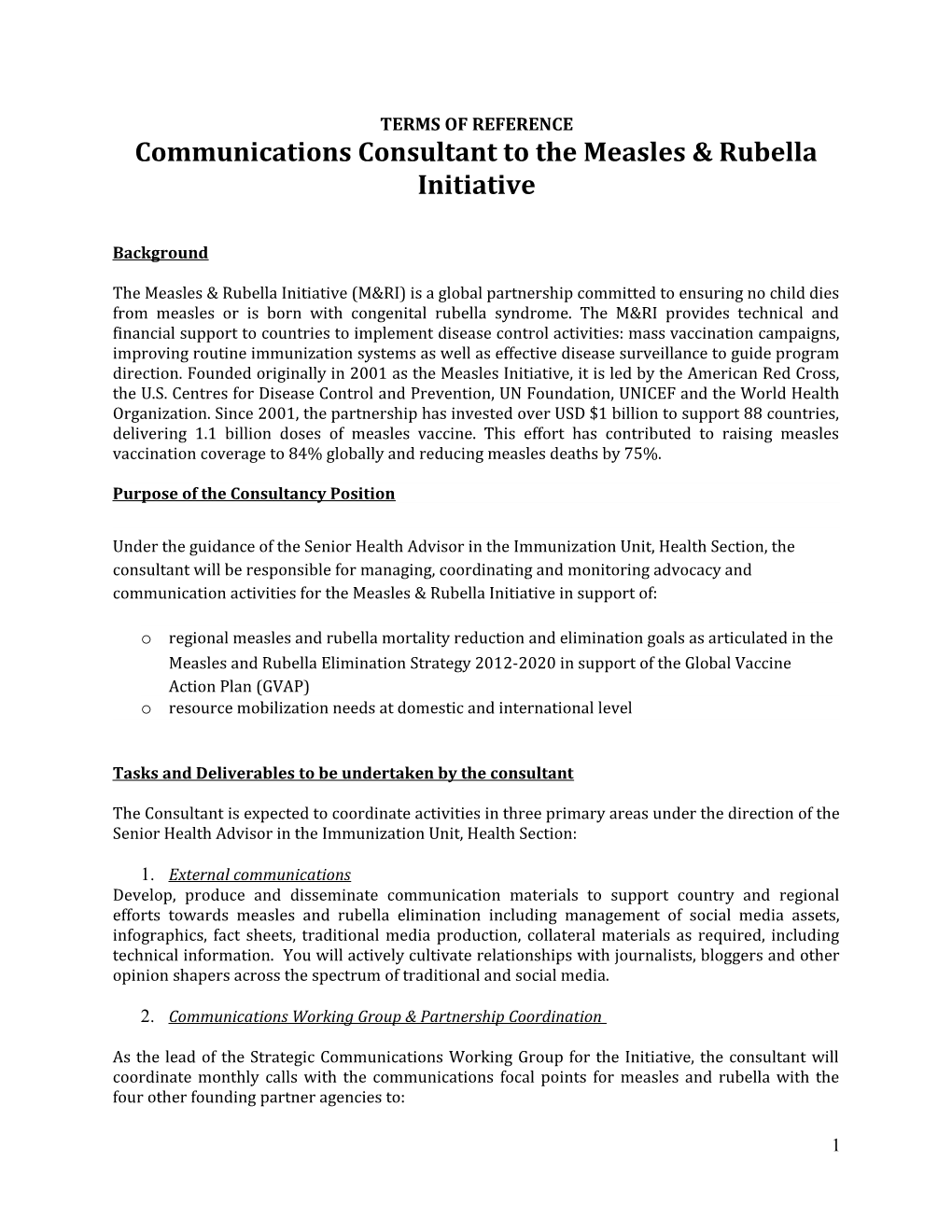Communications Consultant to the Measles & Rubella Initiative