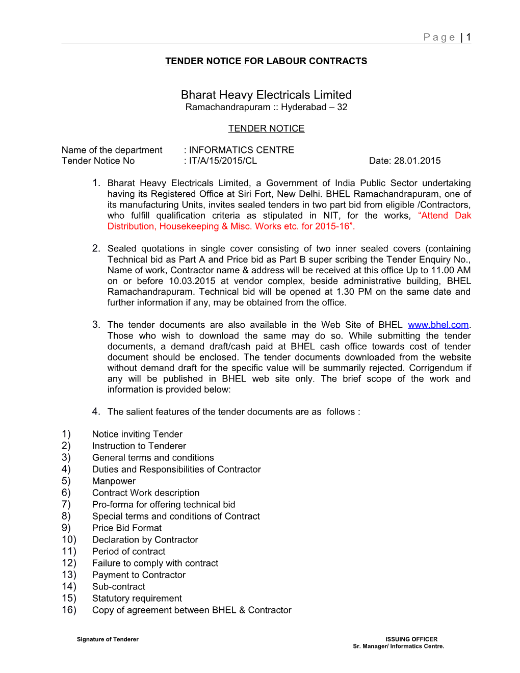 Tender Notice for Labour Contracts