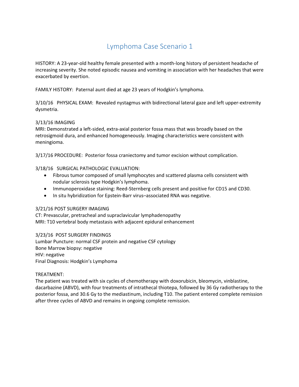 Lymphoma Case Scenario 1