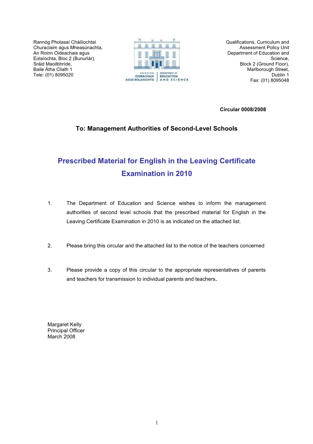 Circular 0008/2008 - Prescribed Material for English in the Leaving Certificate Examination