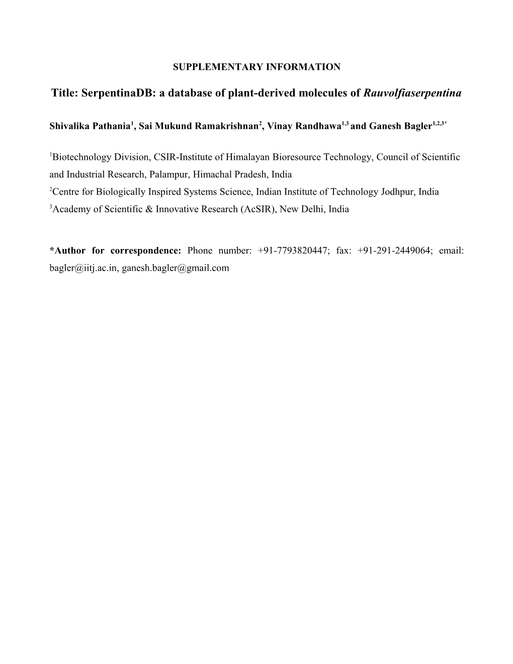 Title: Serpentinadb: a Database of Plant-Derived Molecules of Rauvolfiaserpentina