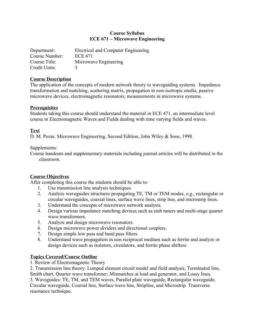 ECE 671 Microwave Engineering