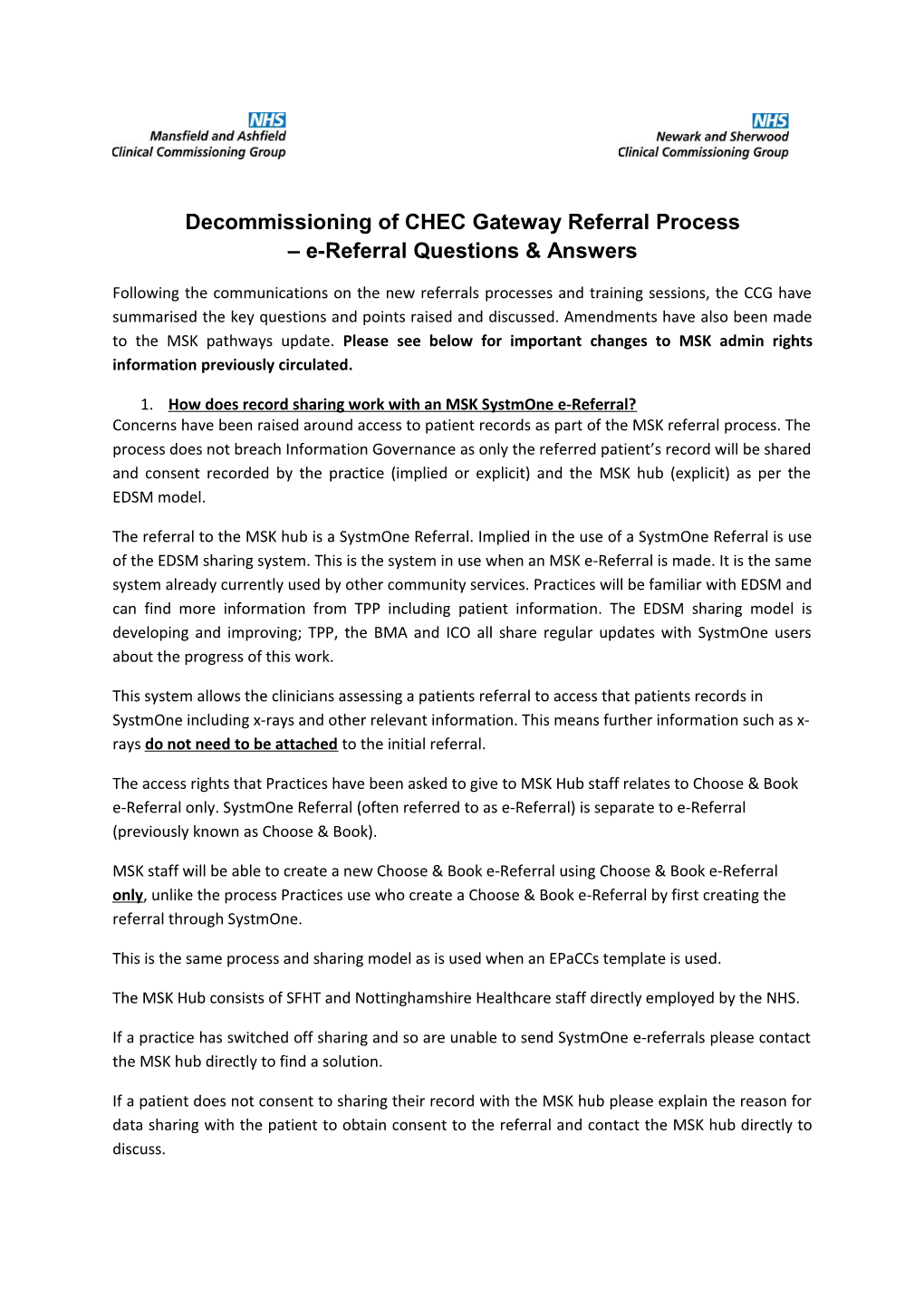 Decommissioning of CHEC Gateway Referral Process