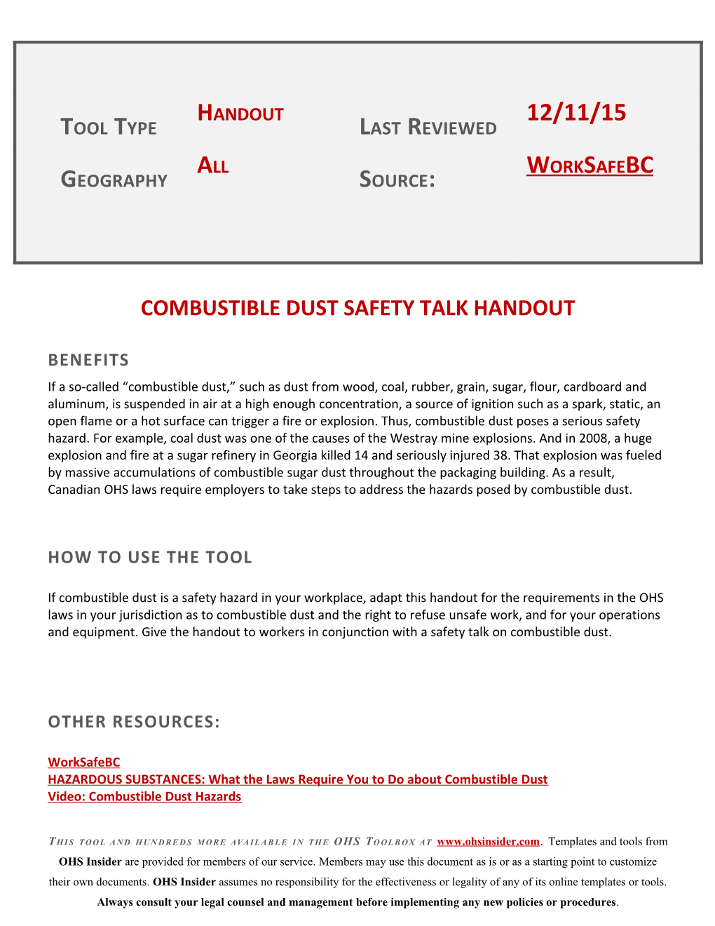 Combustible Dustsafety Talkhandout