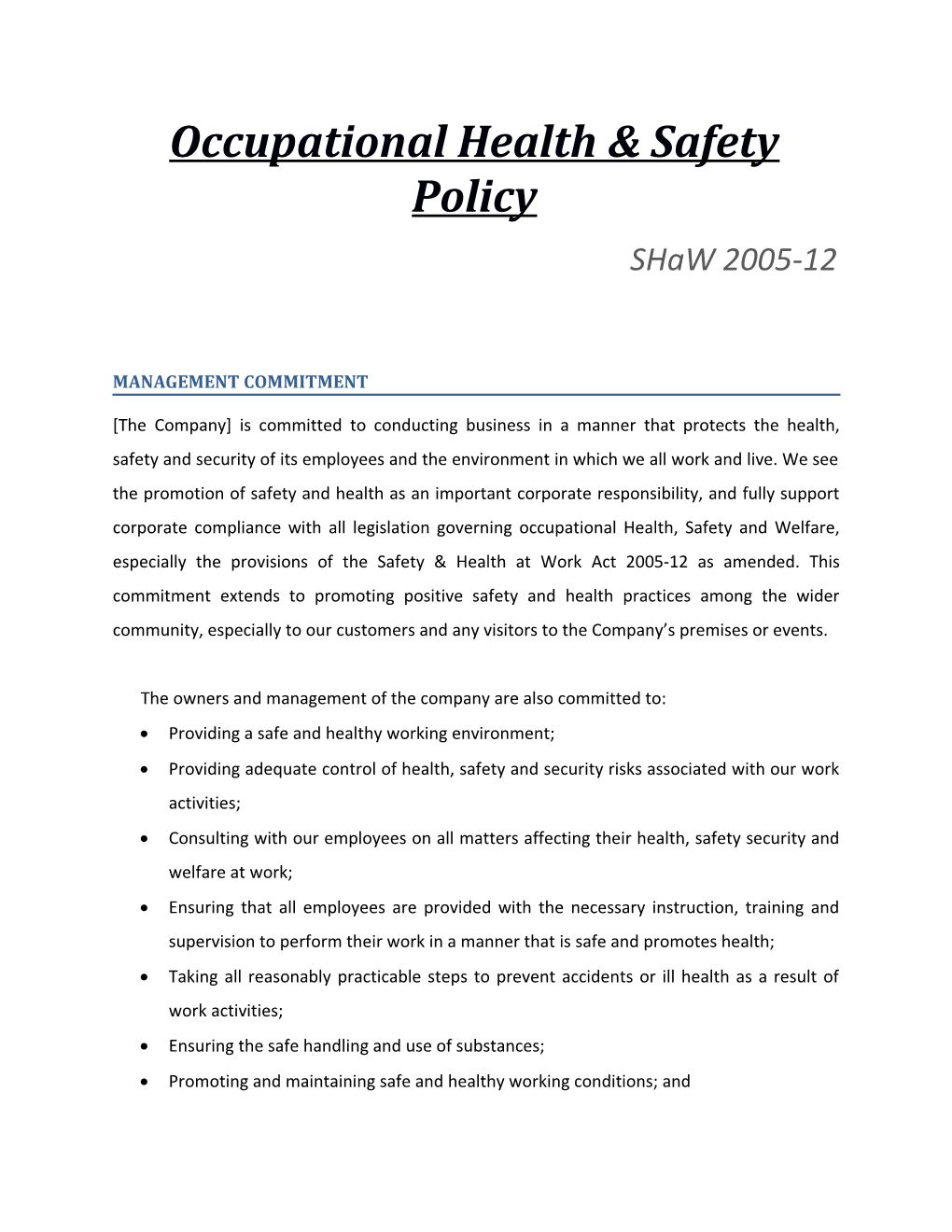 Occupational Health & Safety Policy