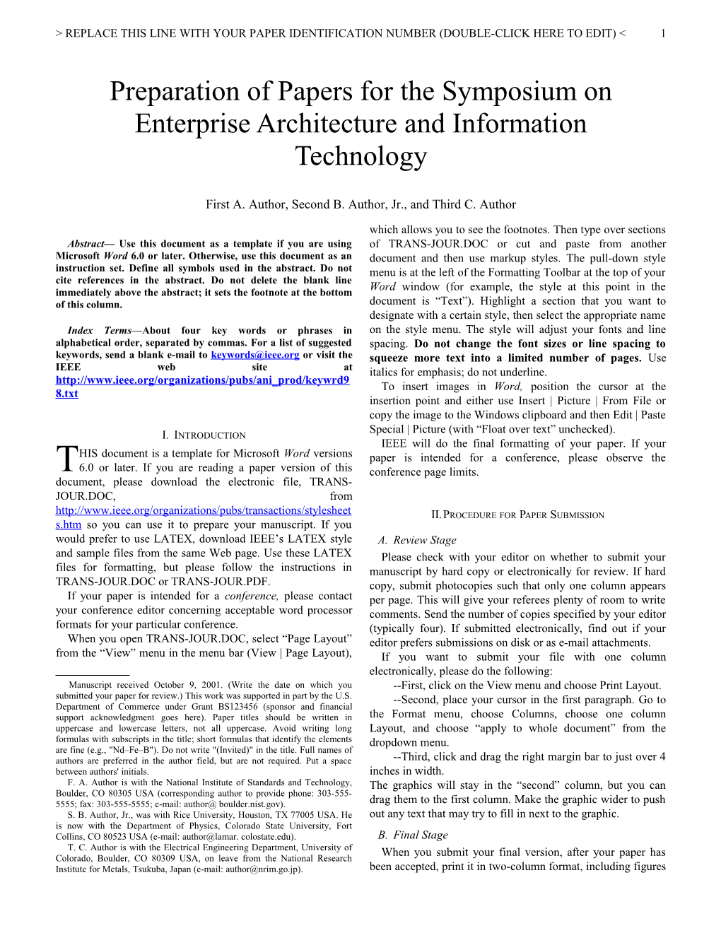Preparation of Papers for the Symposium on Enterprise Architecture and Information Technology