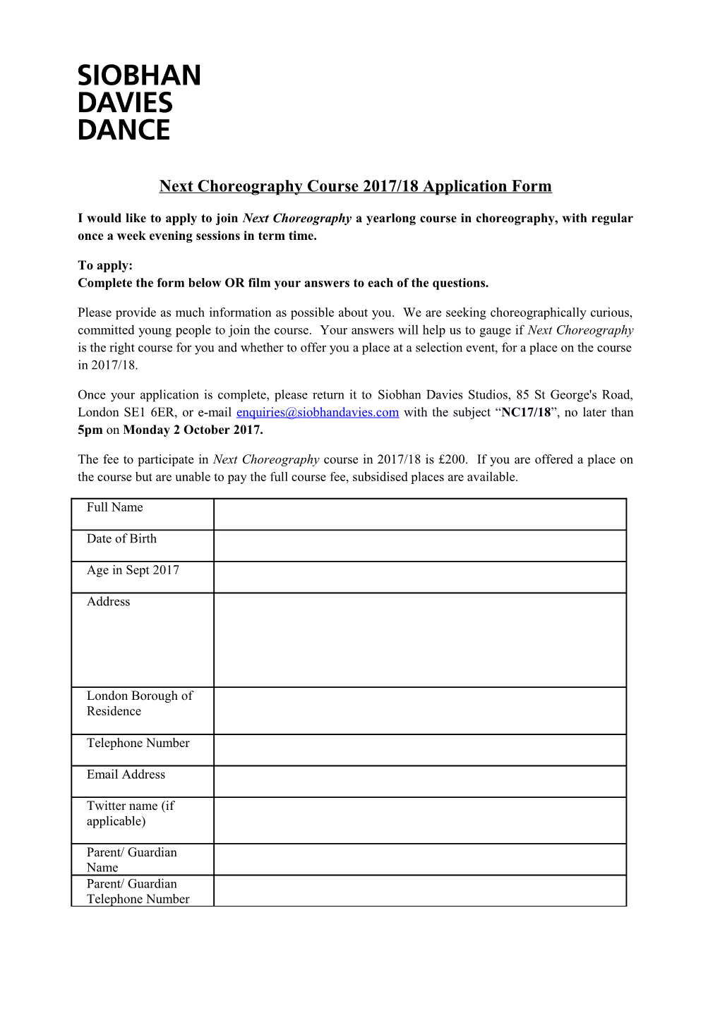 Next Choreography Course 2017/18 Application Form