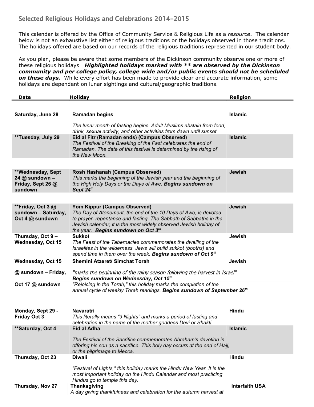 Selected Religious Holidays and Celebrations 2008-2009