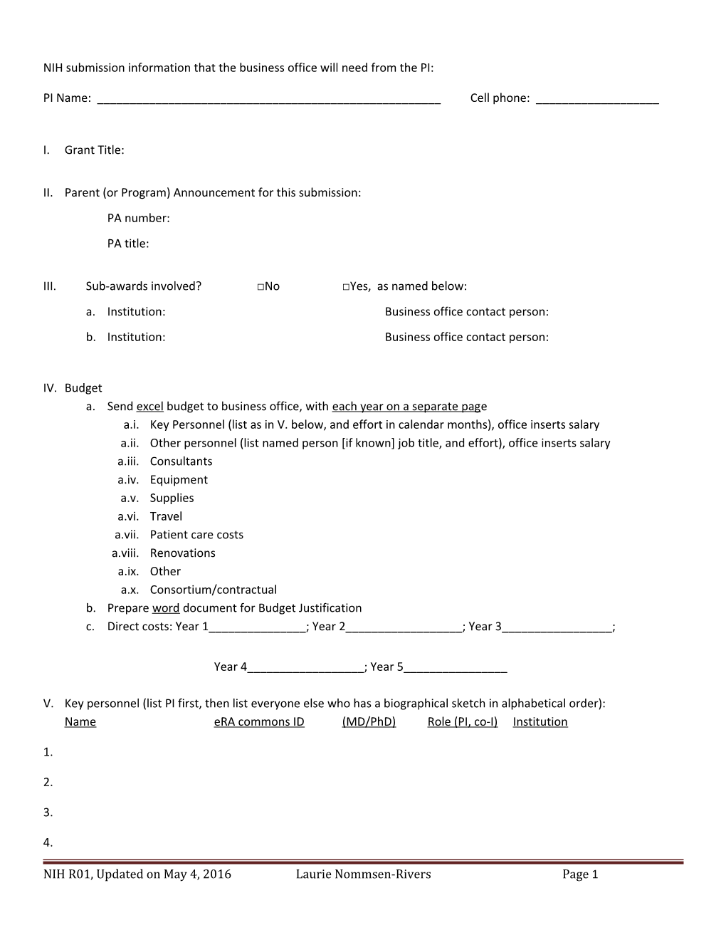 NIH Submission Information That the Business Office Will Need from the PI