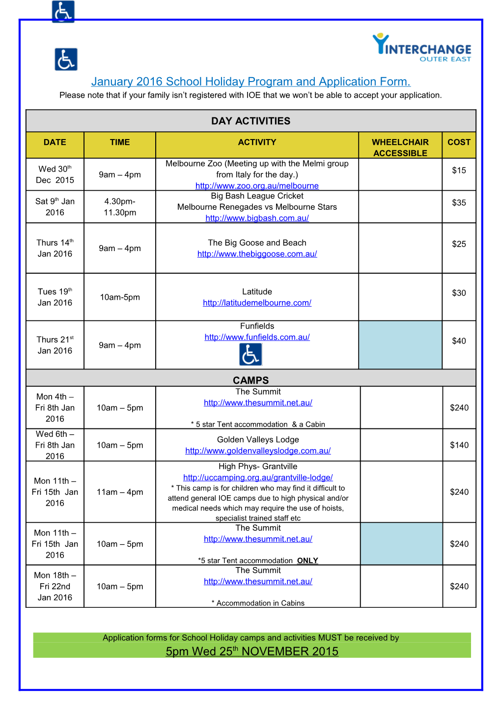 January 2016 School Holiday Program and Application Form