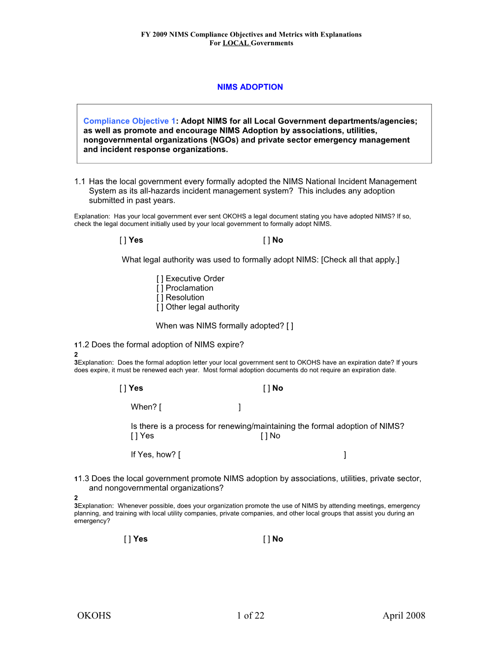 FY 2008 NIMS Compliance Objectives and Metrics for Local Governments February 2008 14 of 34