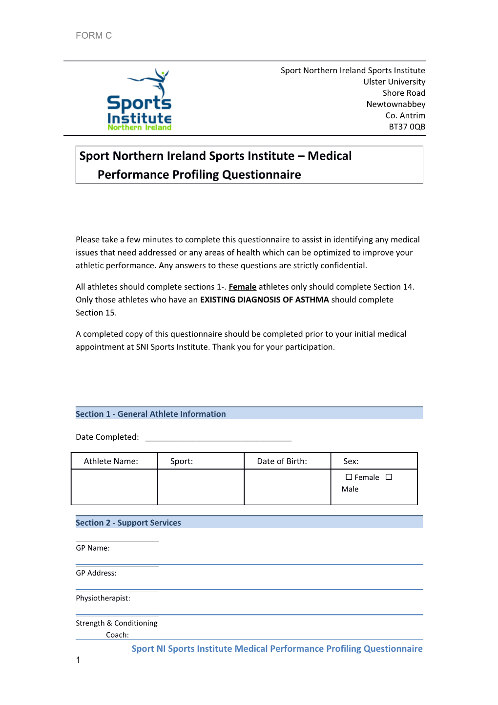 Sport NI Sports Institute Medical Performance Profiling Questionnaire