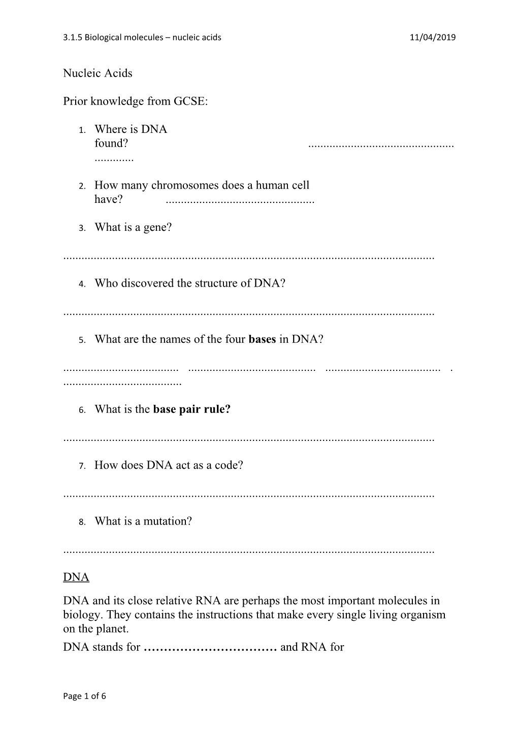 3.1.5 Biological Molecules Nucleic Acids17/04/2019