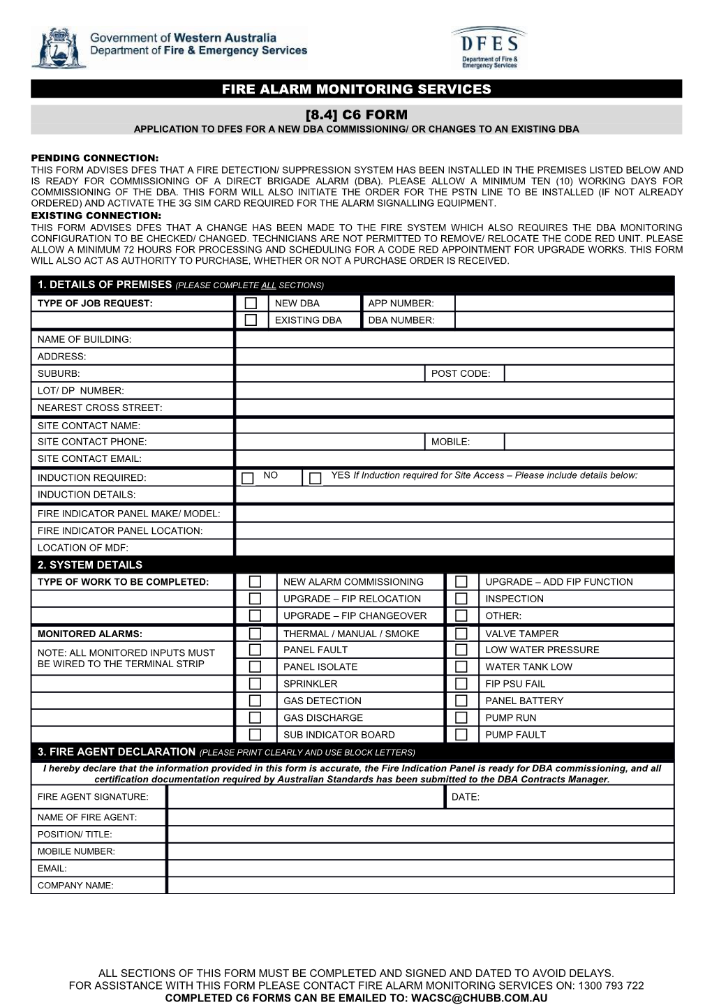 Application to Fesa for Connection of Premises As a Direct Brigade Alarm