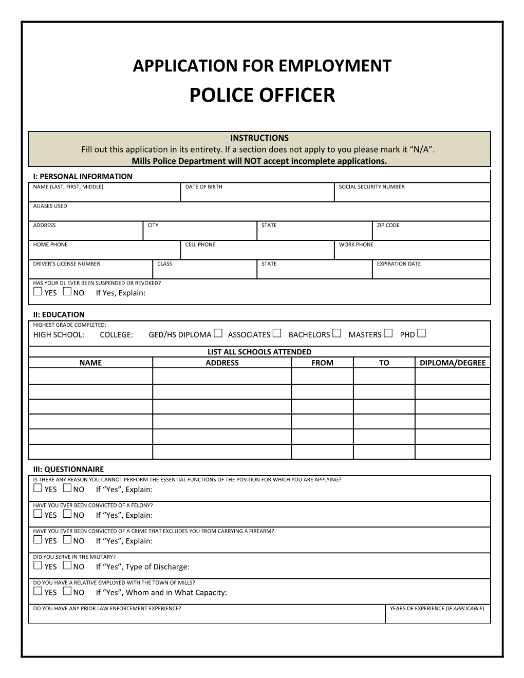 Application for Employment Police Officer