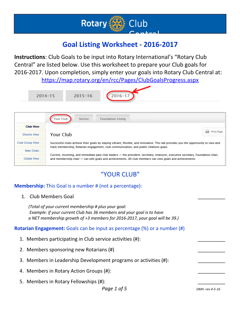 Goal Listing Worksheet - 2016-2017