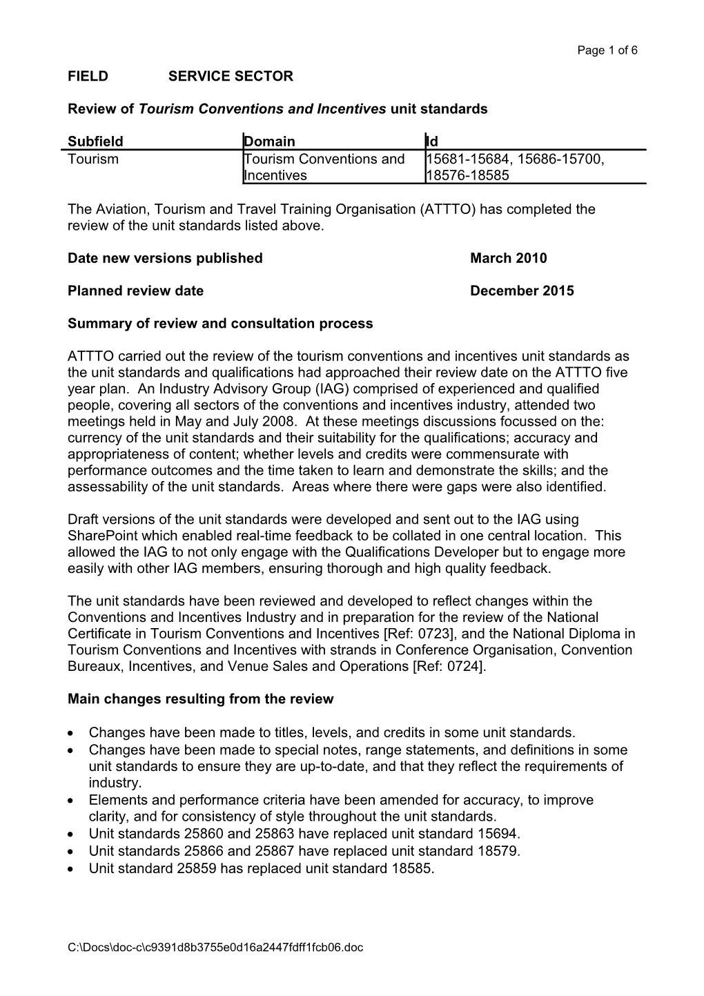 Review of Tourism Conventions and Incentives Unit Standards