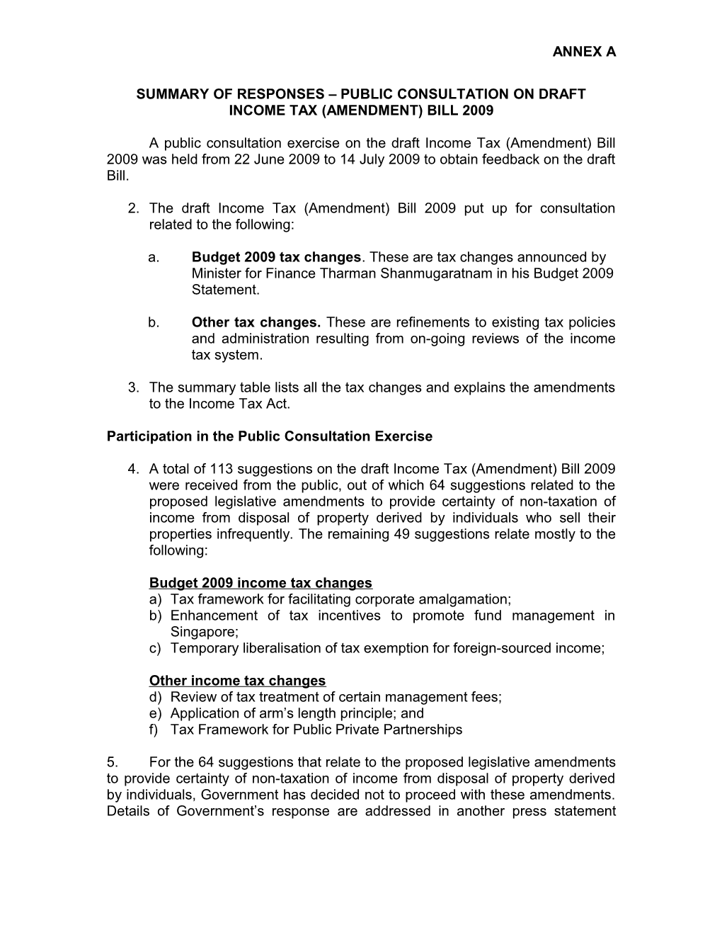 Summary of Responses Public Consultation on Draft Income Tax (Amendment) Bill 2009