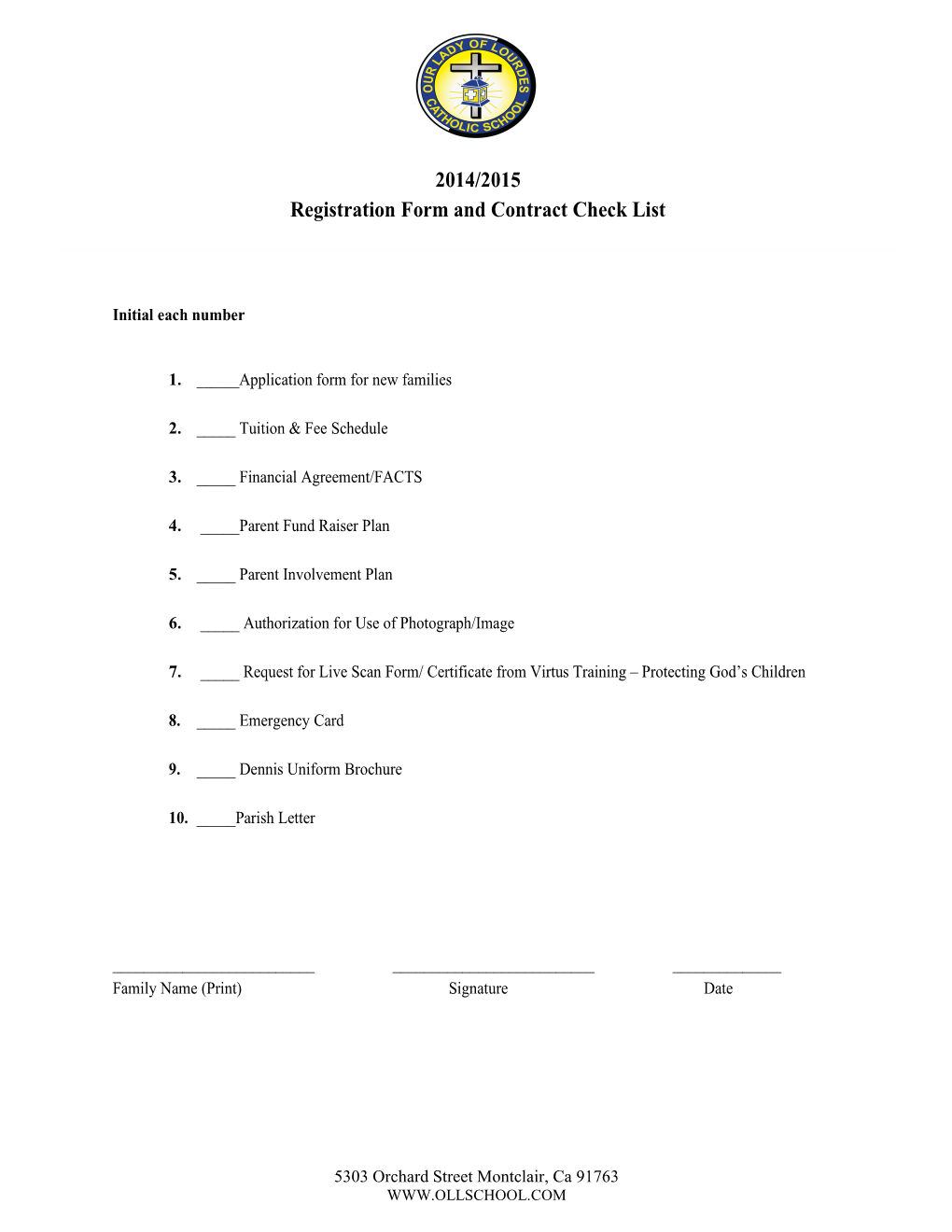 Registration Form and Contract Check List