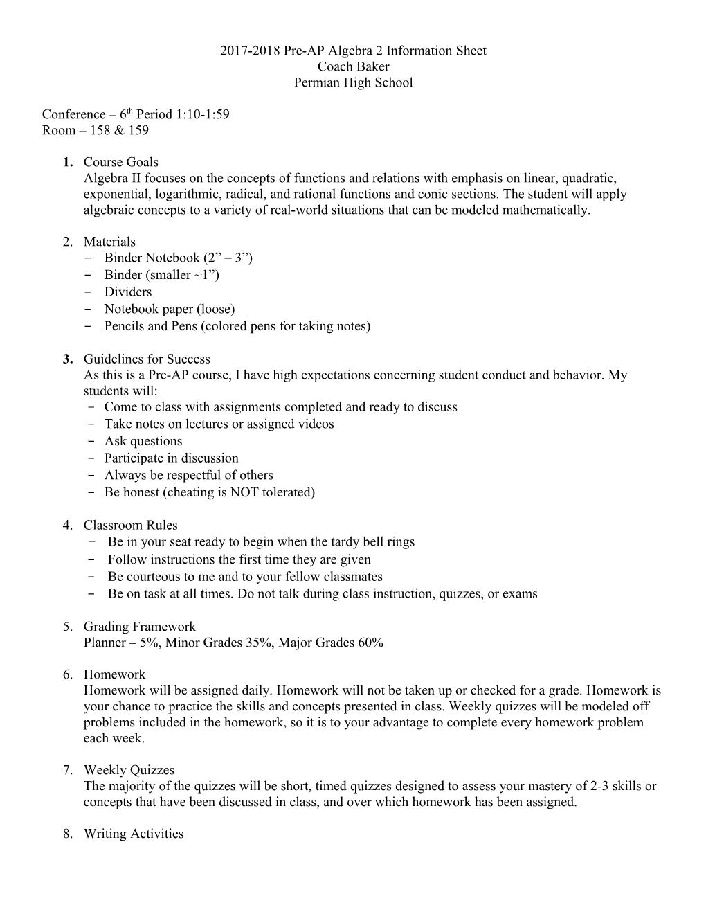 2017-2018 Pre-AP Algebra 2 Information Sheet