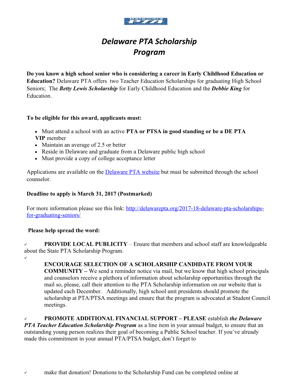 Delaware PTA Scholarship Program