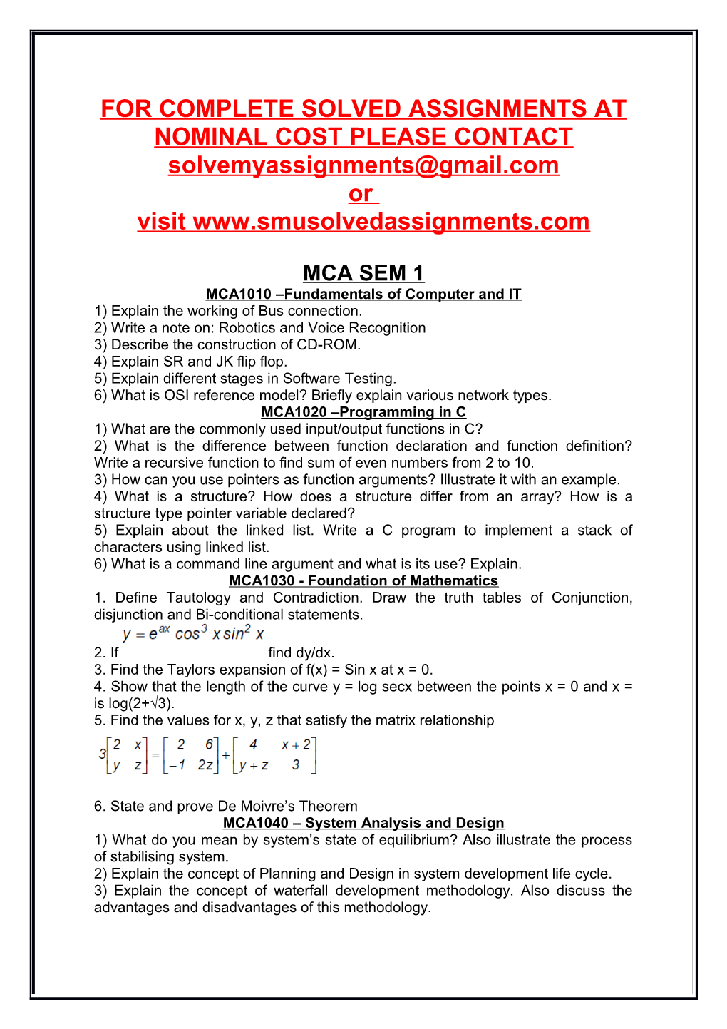 For Complete Solved Assignments at Nominal Cost Please Contact
