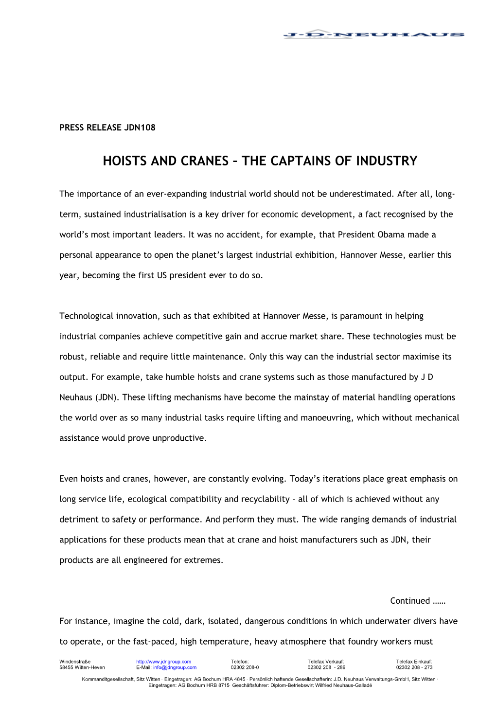 Hoists and Cranes - the Captains of Industry