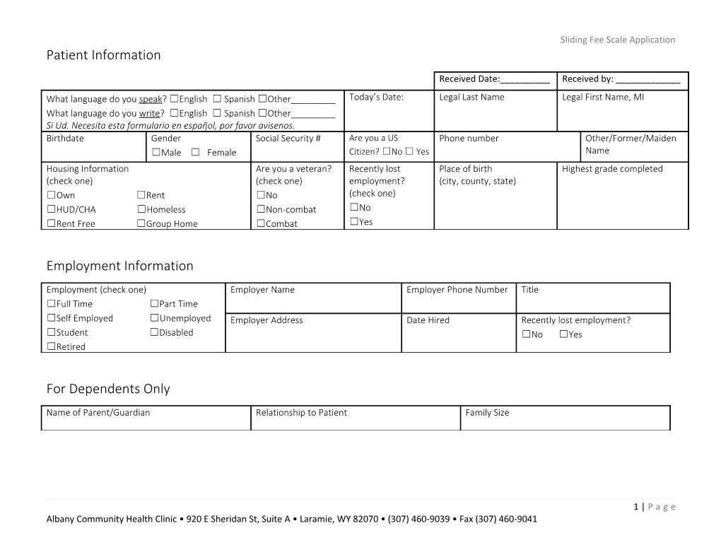 Sliding Fee Scale Application