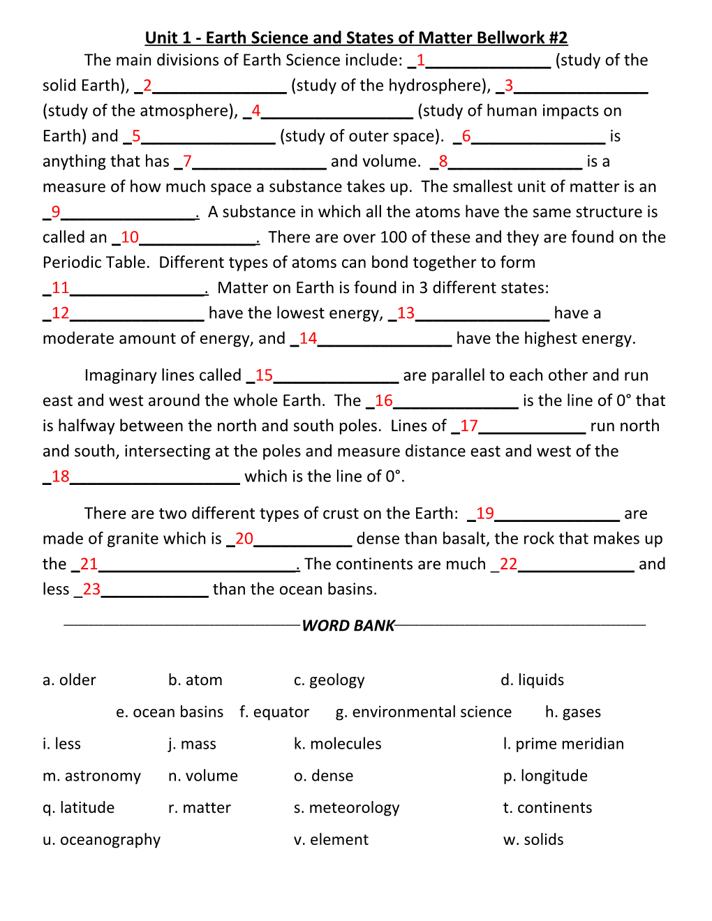 Unit 1 - Earth Science and States of Matterbellwork #2