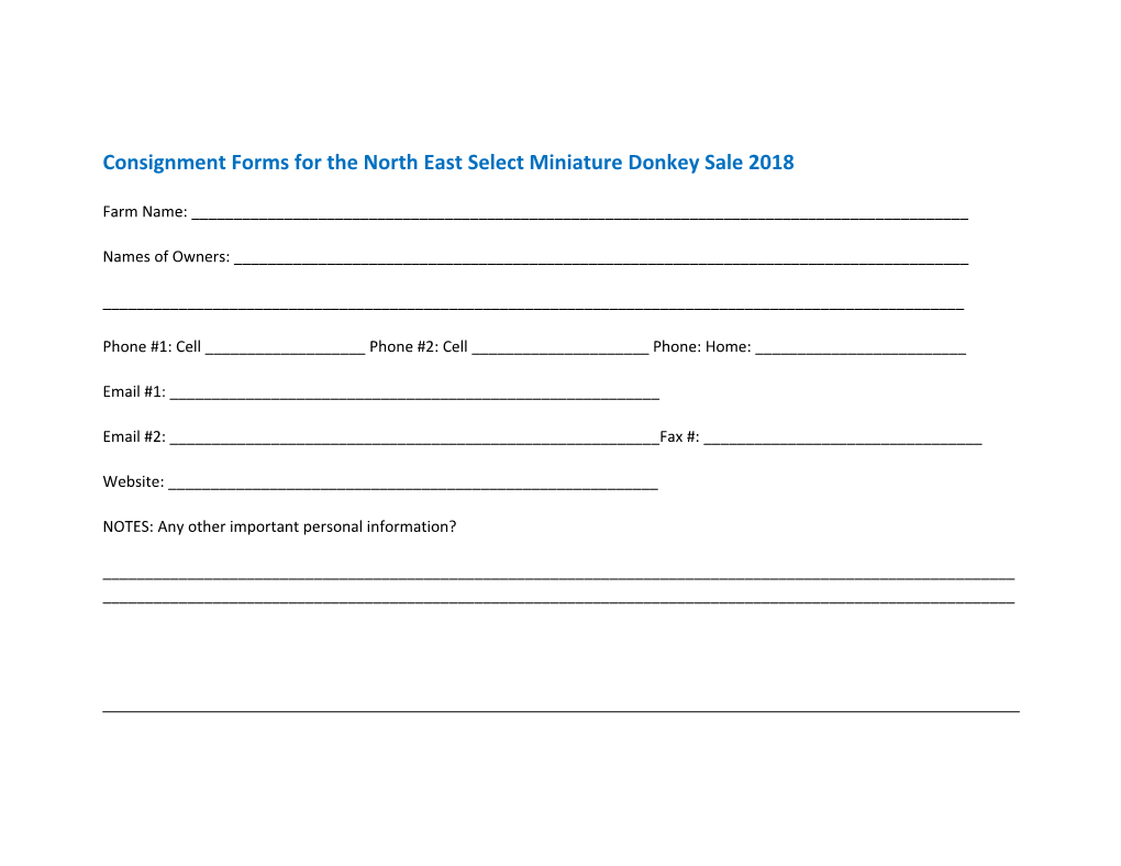 Consignment Forms for the North East Select Miniature Donkey Sale 2018