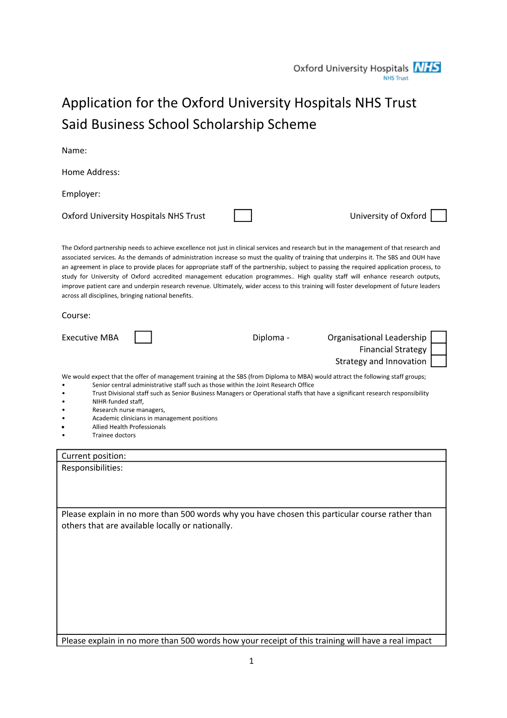 Application for the Oxford University Hospitals NHS Trust Said Business School Scholarship