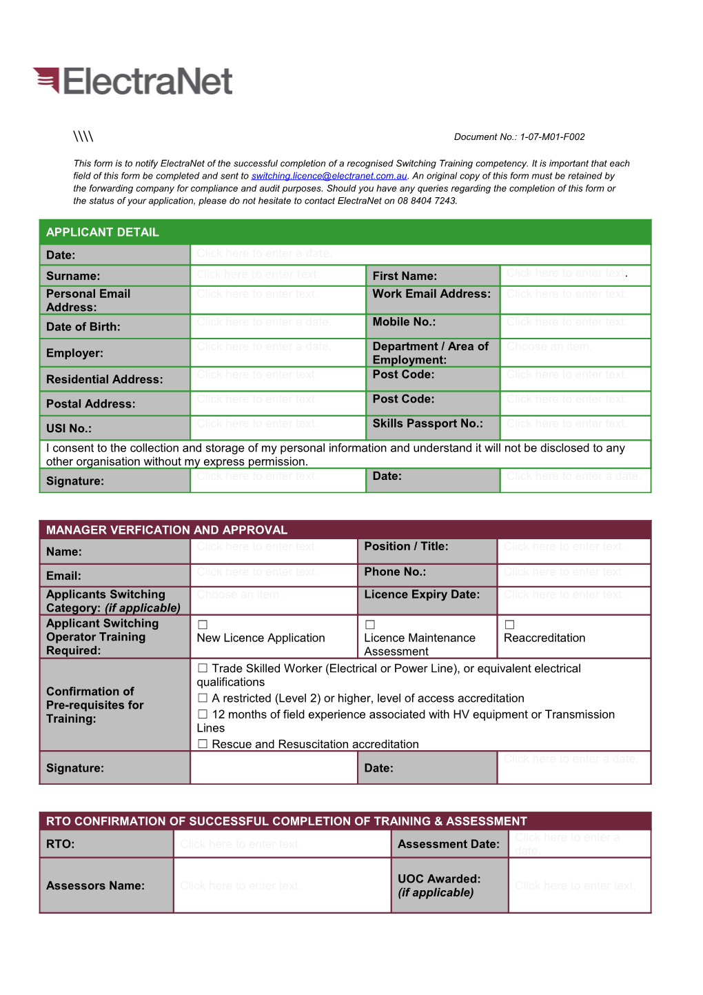 This Form Is to Notify Electranet of the Successful Completion of a Recognised Switching
