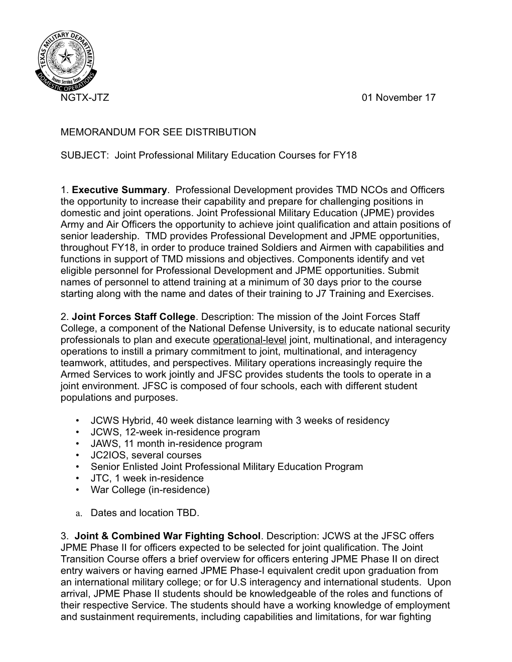Subject: Joint Professional Military Education Courses for FY18