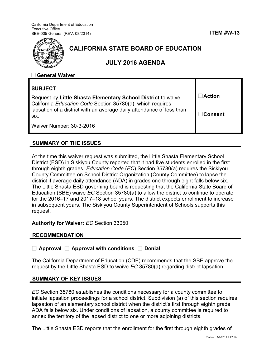 July 2016 Waiver Item W-13 - Meeting Agendas (CA State Board of Education)