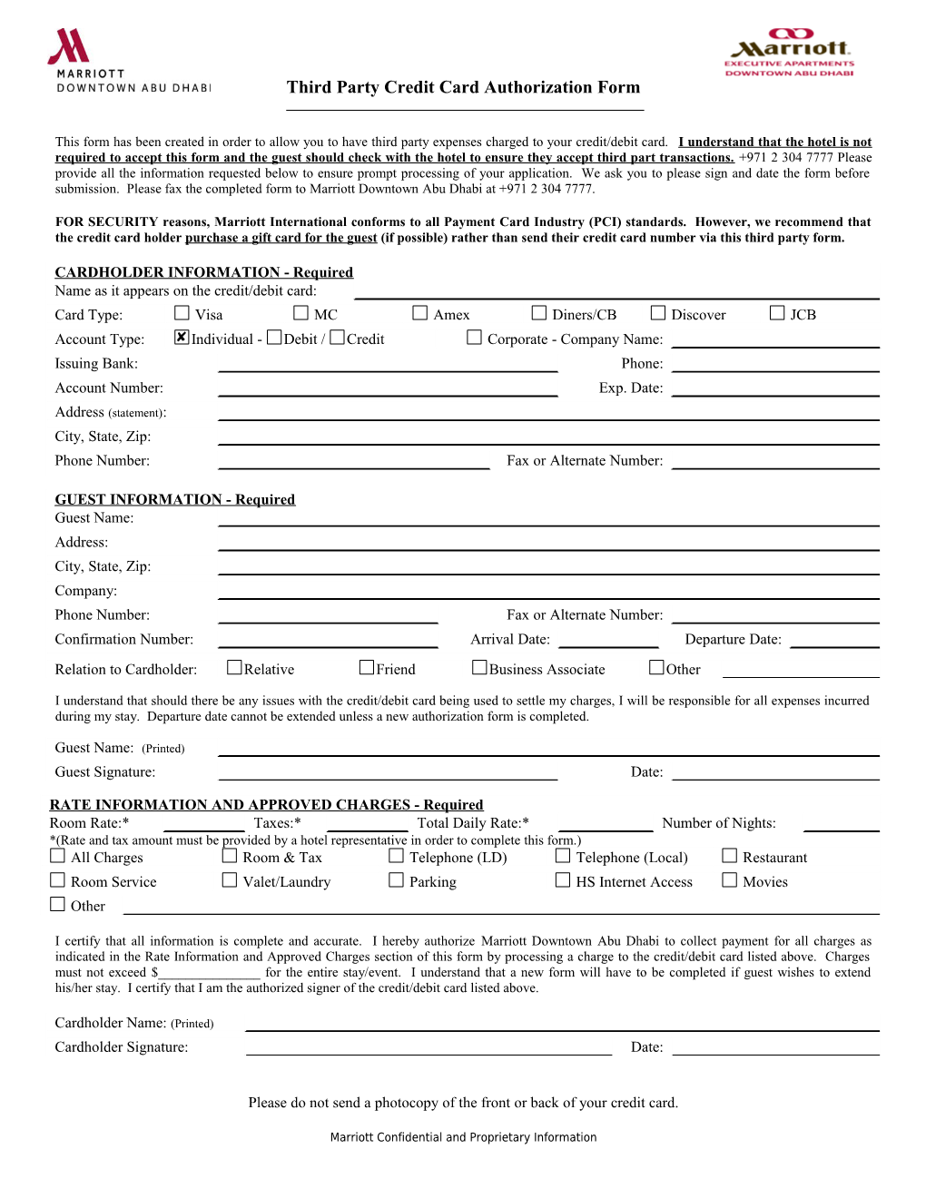 Courtyard Credit Card Third Party Authorization Form