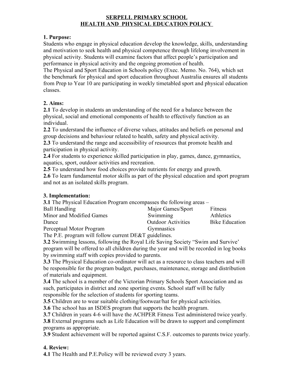 Health and Physical Education Policy Draft 2004