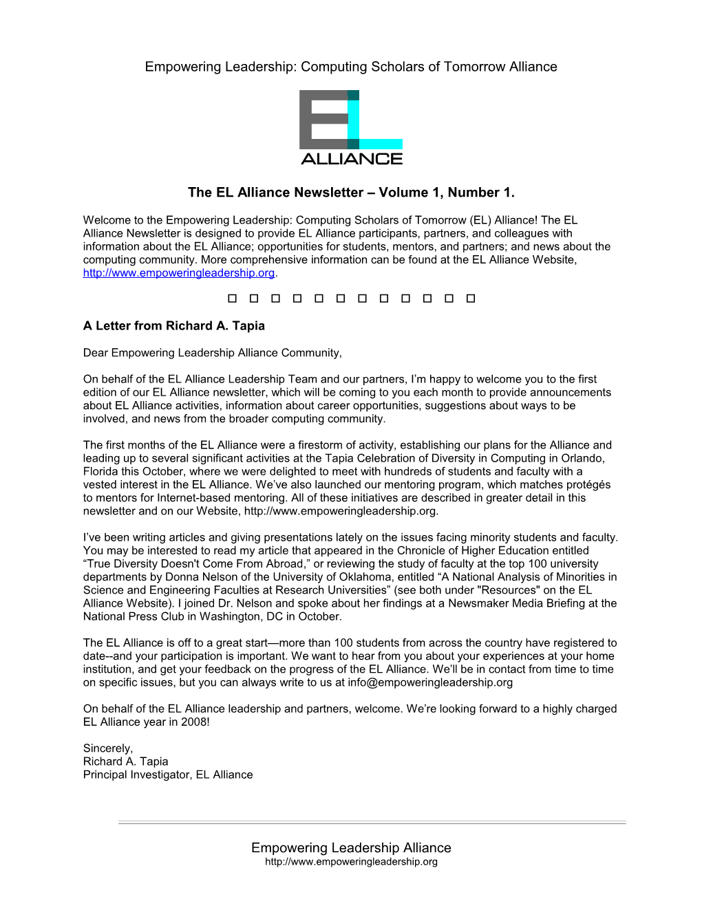 The EL Alliance Newsletter Volume 1, Number 1