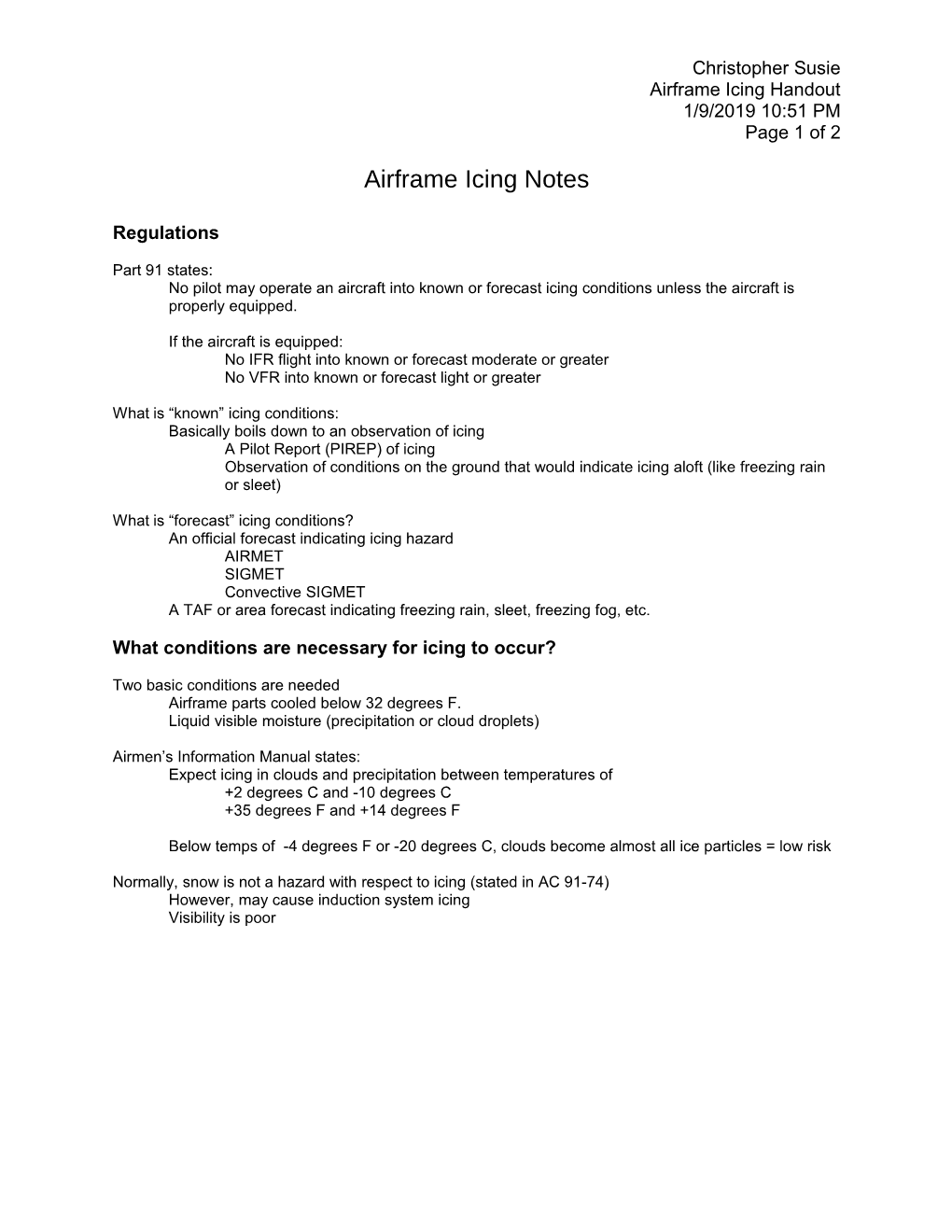 Airframe Icing Notes