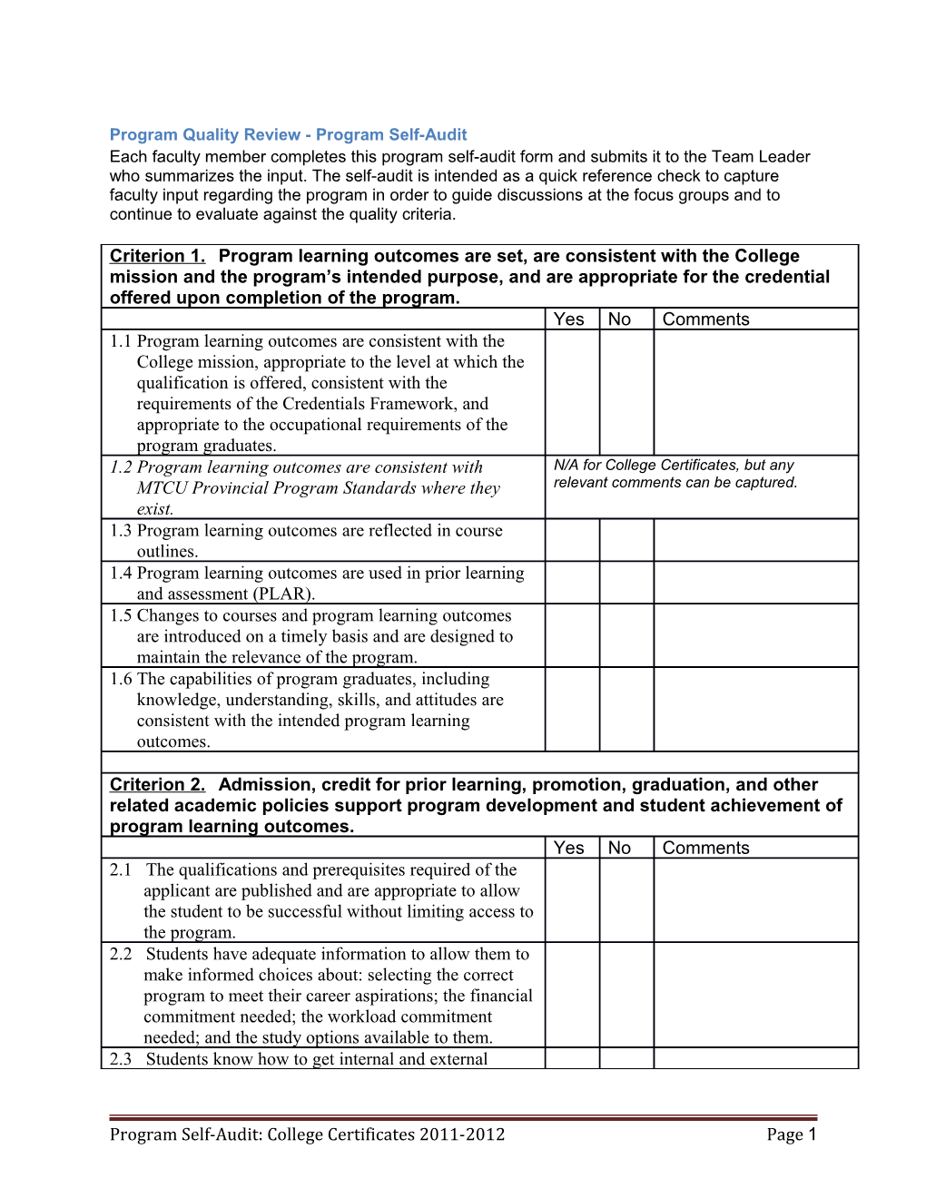 Program Quality Review - Program Self-Audit